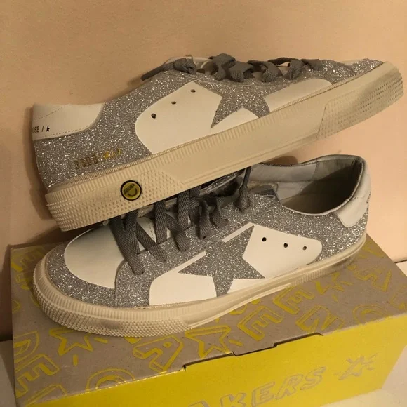 GOLDEN GOOSE May Silver Glitter Leather Sneakers BRAND NEW - Main Image
